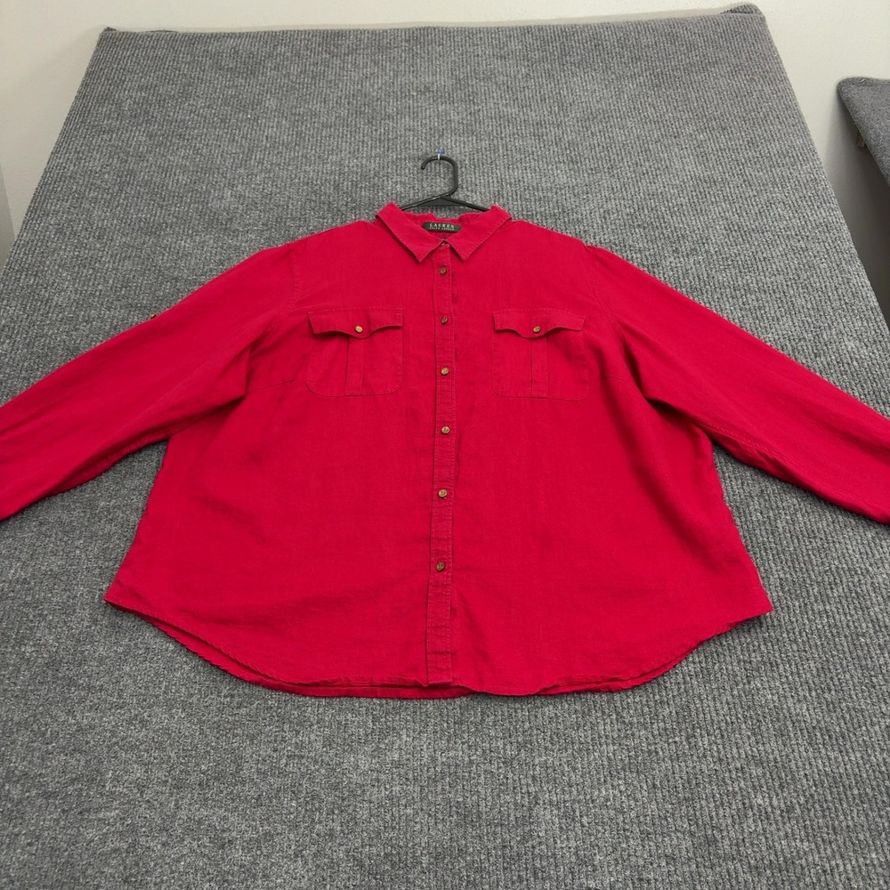 Lauren Ralph Lauren Button Down Shirt Womens 2X Red Linen Long Sleeve Classic